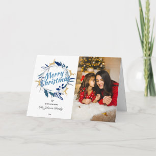 Elegant Reindeer Floral Christmas Wreath Photo Holiday Card