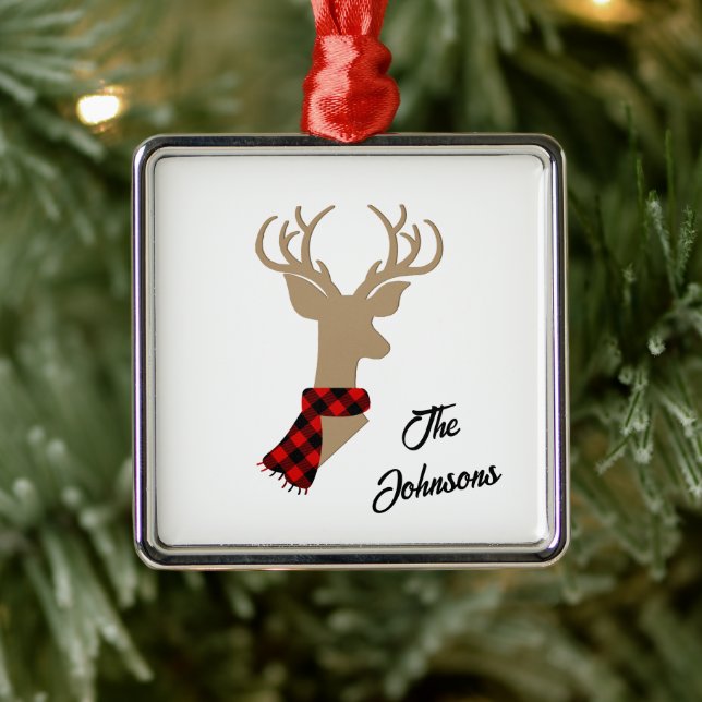 Elegant Reindeer Personalized Family Name Metal Ornament (Tree)