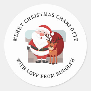 Elegant Reindeer & Santa Christmas Family Name Classic Round Sticker