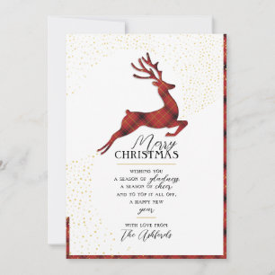 Elegant Reindeer Silhouette   Red & Gold Plaid Holiday Card