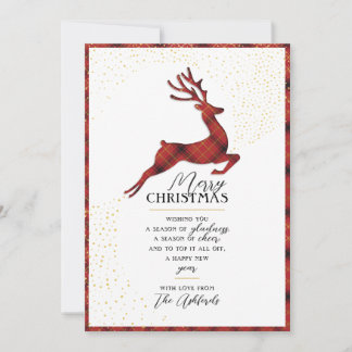 Elegant Reindeer Silhouette | Red & Gold Plaid Holiday Card