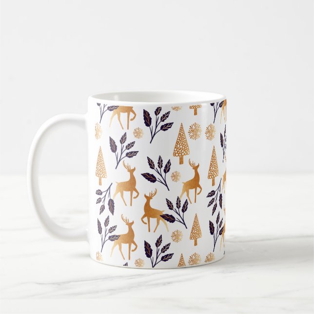 Elegant Reindeer, Snowflake & Christmas Pattern Coffee Mug (Left)