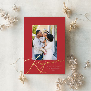 Elegant Rejoice Religious Christmas Photo Gold Foil Holiday Card