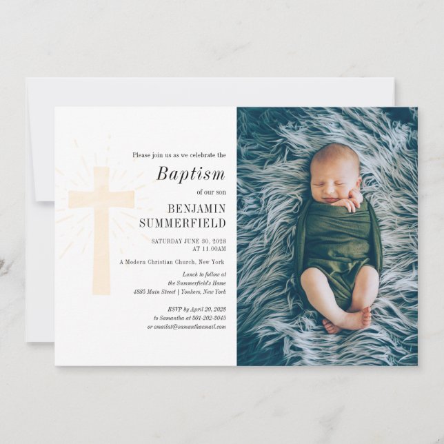 Elégant Religieux Bébé Photo Baptême Invitation (Devant)