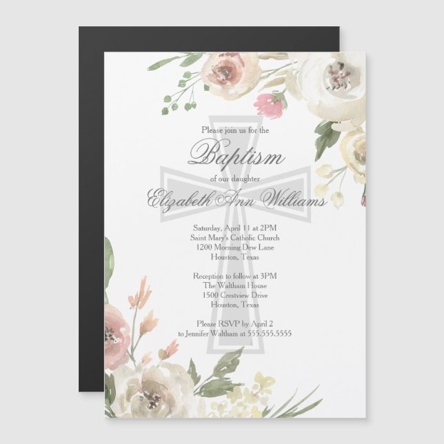 Elegant Religious Baptism Ceremony Pink Floral Magnetic Invitation (Front/Back)