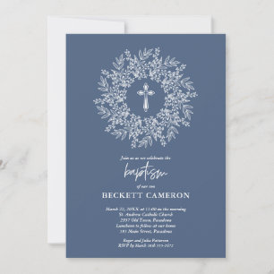 Elegant Religious Blue Cross Baptism Invitation