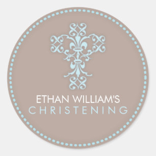 Elegant Religious Celebration Cross in Blue Classic Round Sticker