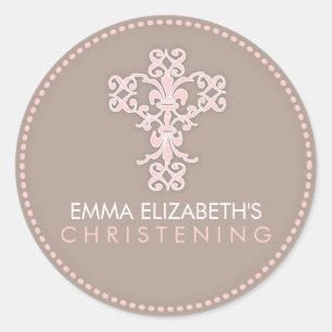 Elegant Religious Celebration Cross in Pink Classic Round Sticker