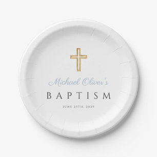 Elegant Religious Cross Baby Blue Script Baptism Paper Plate