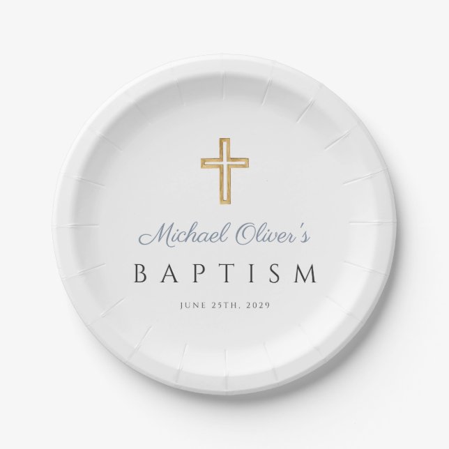 Elegant Religious Cross Blue Boy Baptism Paper Plate (Front)