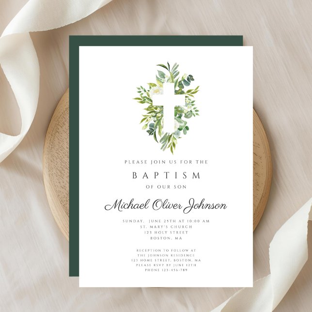 Elegant Religious Cross Botanical Baptism Invitation (Elegant Religious Cross Botanical Baptism Invitation)