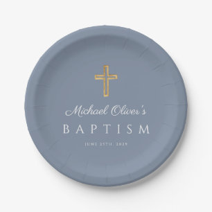 Elegant Religious Cross Dusty Blue Boy Baptism Paper Plate