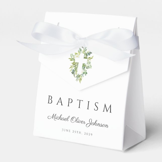 Elegant Religious Cross Green Botanical Baptism Favor Box (Front Side)