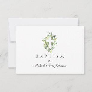 Elegant Religious Cross Green Botanical Baptism  RSVP Card