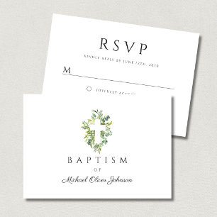 Elegant Religious Cross Green Botanical Baptism  RSVP Card