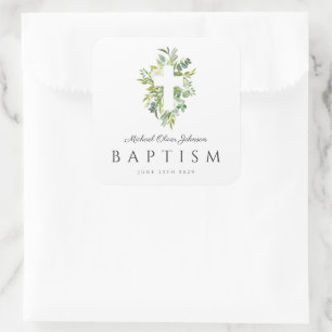 Elegant Religious Cross Green Botanical Baptism  Square Sticker