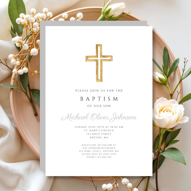 Elegant Religious Cross Grey Script Boy Baptism Invitation (Elegant Religious Cross Gray Script Boy Baptism Invitation)