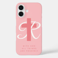 Elegant religious cross name monogram coral pink