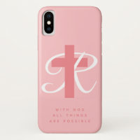 Elegant religious cross name monogram coral pink