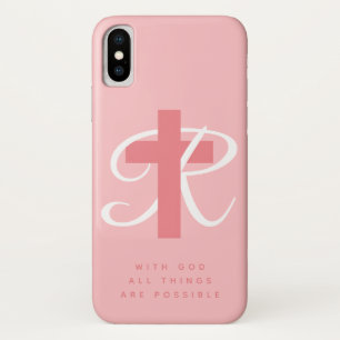 Elegant religious cross name monogram coral pink Case-Mate iPhone case