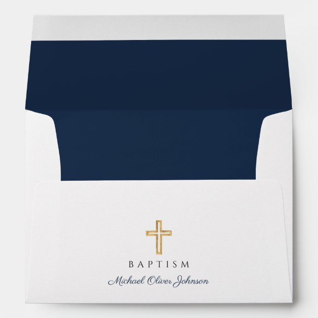 Elegant Religious Cross Navy Blue Boy Baptism Envelope (Back (Bottom))