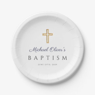 Elegant Religious Cross Navy Blue Boy Baptism Paper Plate