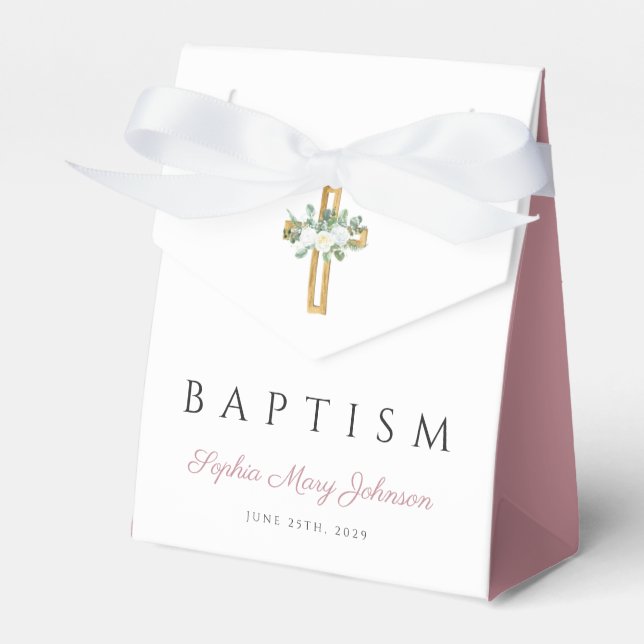 Elegant Religious Cross Pink Floral Baptism Favor Box (Front Side)