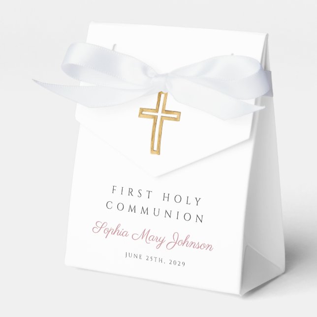 Elegant Religious Cross Pink Girl First Communion Favor Box (Front Side)