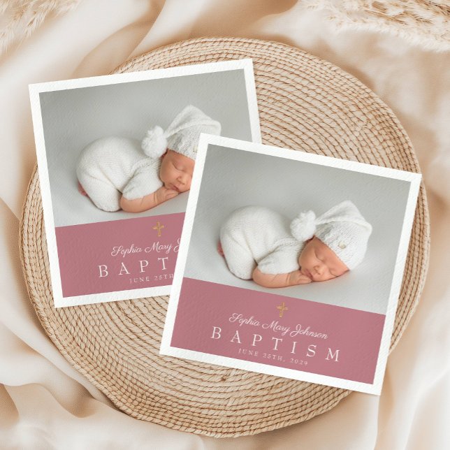 Elegant Religious Cross Pink Photo Girl Baptism Napkin (Elegant Religious Cross Pink Photo Girl Baptism Napkins)