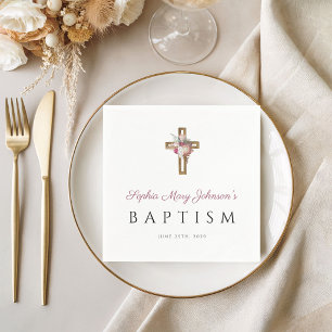 Elegant Religious Cross Red Floral Baptism Napkin