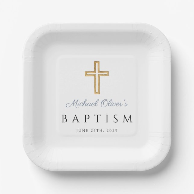Elegant Religious Dusty Blue Script Boy Baptism Paper Plate (Front)