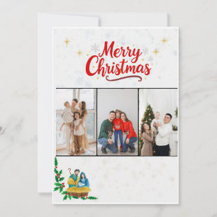 Elegant Religious Nativity Three Photo Family Chri Holiday Card