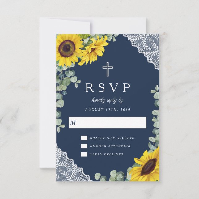 Elegant Religious Navy Blue Sunflower Wedding  RSVP Card (Front)