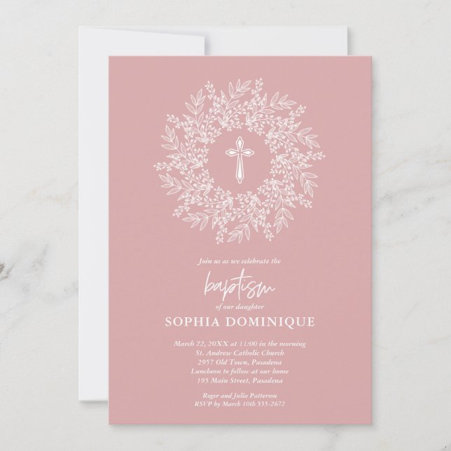 Elegant Religious Pink Cross Girl Baptism Invitation (Front)