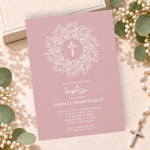 Elegant Religious Pink Cross Girl Baptism Invitation