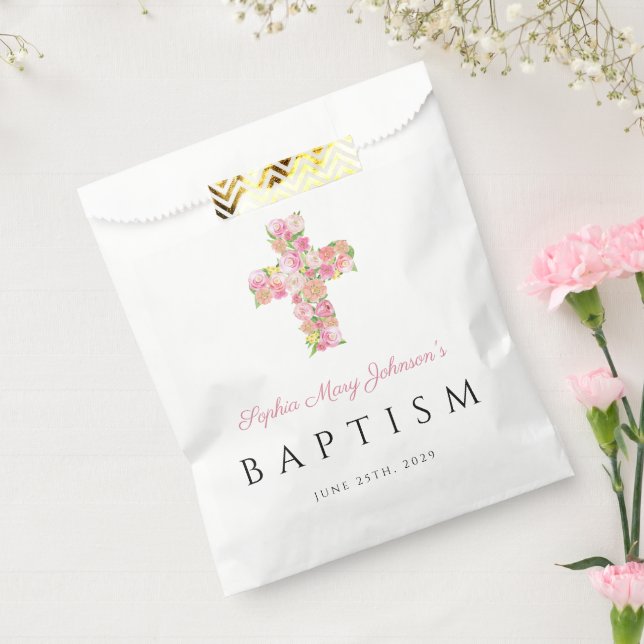Elegant Religious Pink Floral Cross Baptism Favour Bag (Sealed)