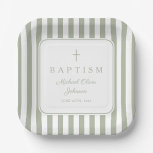 Elegant Religious Sage Green Boy Baptism Paper Plate