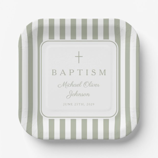 Elegant Religious Sage Green Boy Baptism Paper Plate (Front)