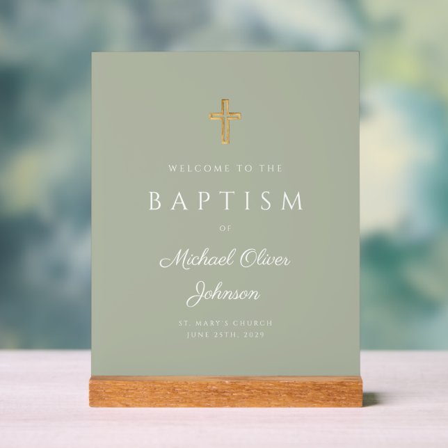 Elegant Religious Sage Green Boy Baptism Welcome Acrylic Sign (Neutral)