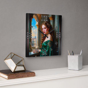 Elegant Renaissance Woman in Green Dress Square Wall Clock