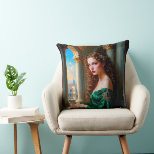Elegant Renaissance Woman in Green Dress Throw Pillow