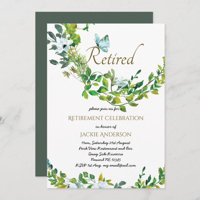 Elegant RETIREMENT Invitations Botanical Greenery (Front/Back)