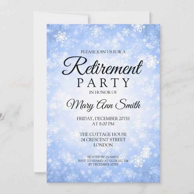 Elegant Retirement Party Blue Winter Wonderland Invitation (Front)