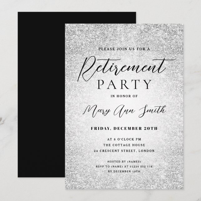 Elegant Retirement Party Glam Silver Glitter Invitation (Front/Back)