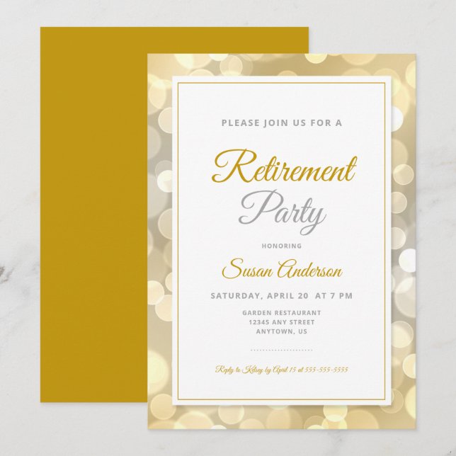 Elegant Retirement Party Gold Bokeh Invitation (Front/Back)