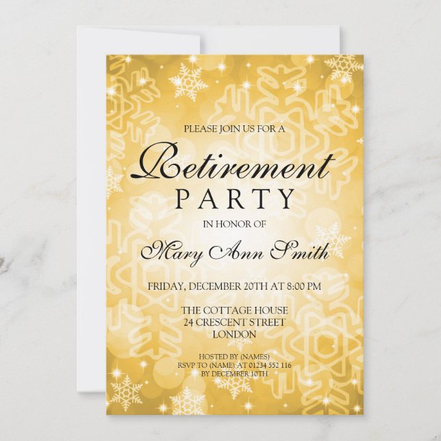 Elegant Retirement Party Gold Winter Bokeh Lights Invitation (Front)