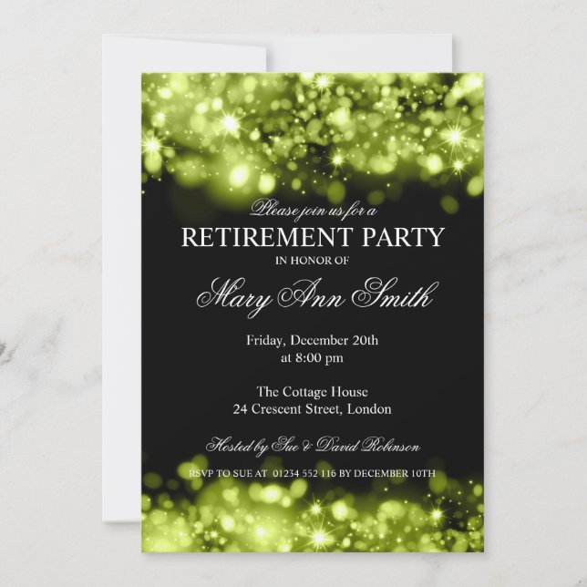 Elegant Retirement Party Lime Sparkling Lights Invitation (Front)