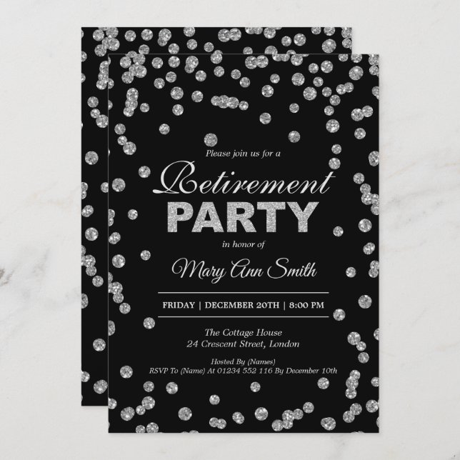 Elegant Retirement Party Silver Glitter Confetti Invitation (Front/Back)