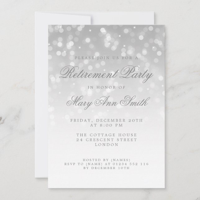 Elegant Retirement Party Silver Sparkle Lights Invitation (Front)