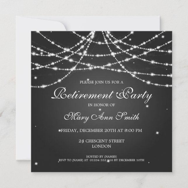Elegant Retirement Party String of Stars Black Invitation (Front)